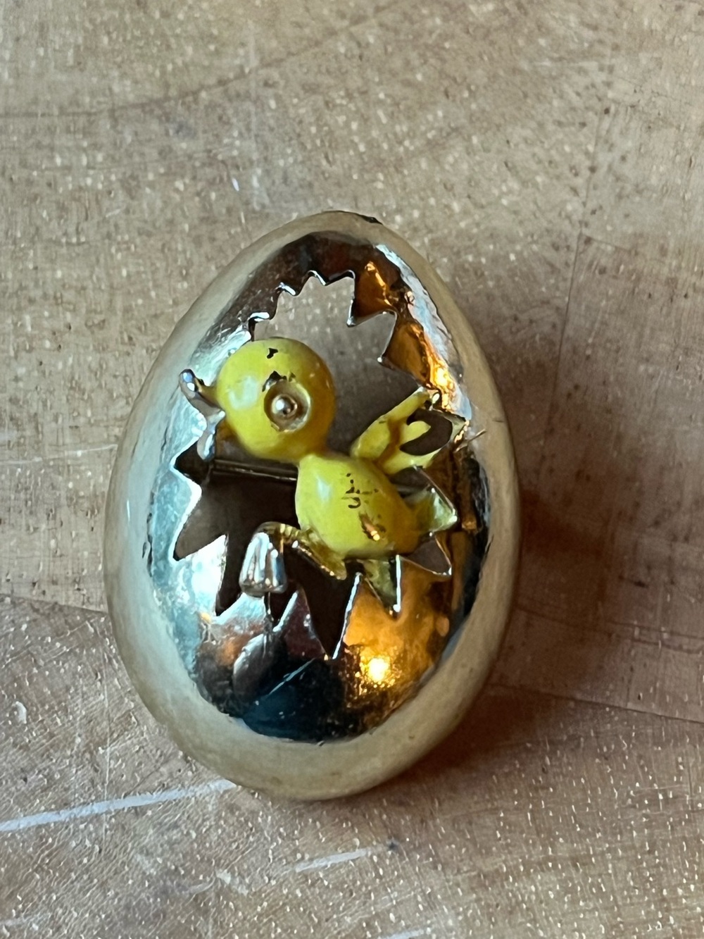 Vintage Yellow Chick Hatching Egg Brooch Easter Pin